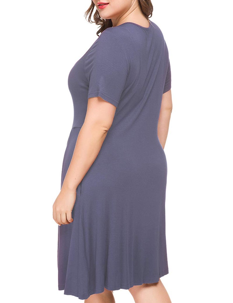 Tralilbee Womens Short Sleeve Pleated Loose Swing Casual Dress with Pockets Knee Length Purple Gray 2XL - Image 4